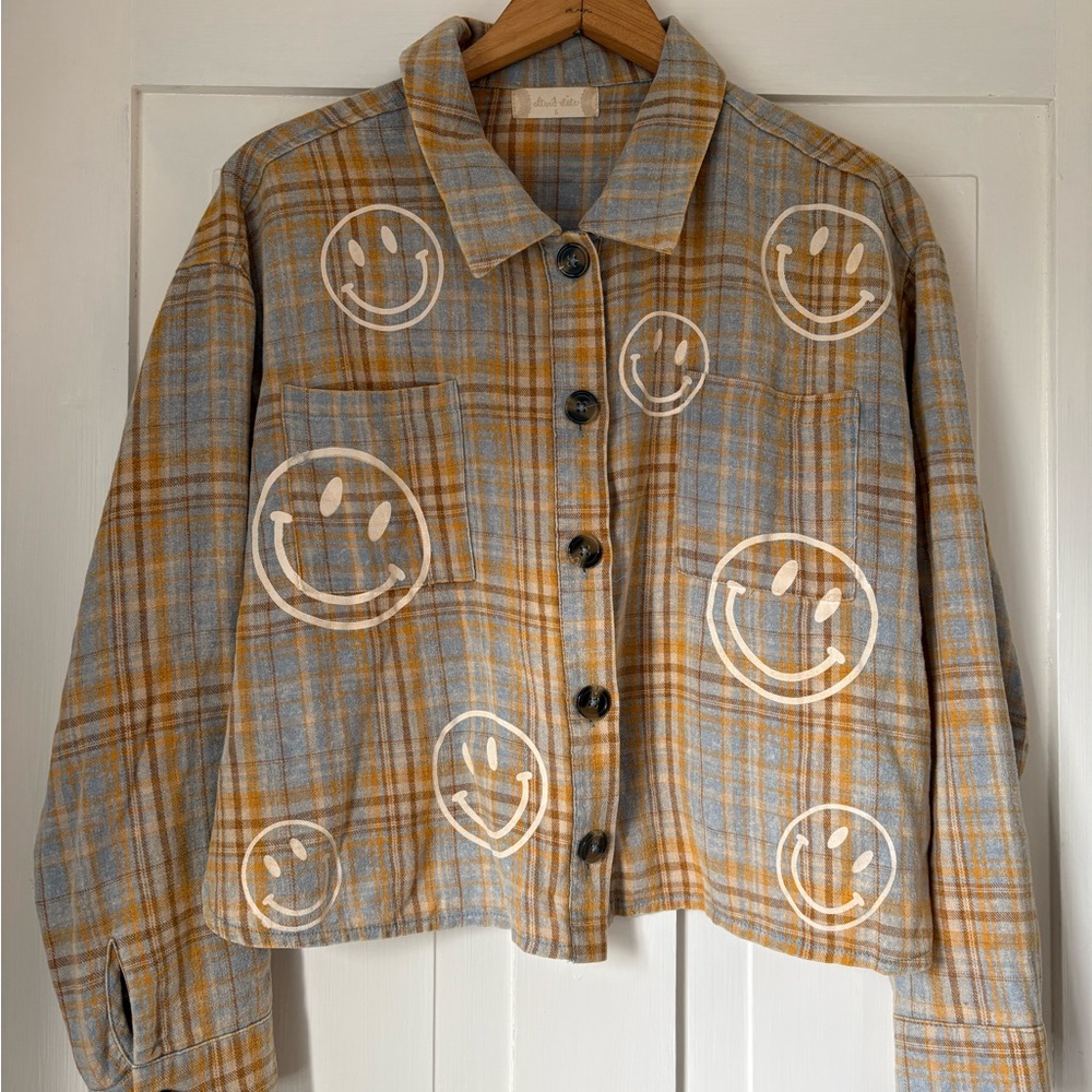 Altar'd State Blue and Tan Plaid Button-Down Shirt